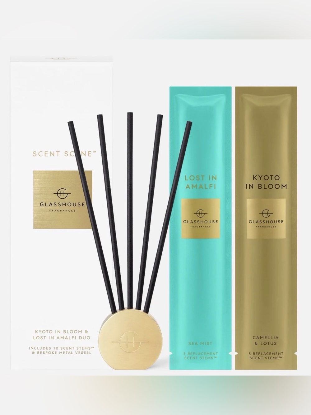 GLASSHOUSE FRAGRANCES Scent Scene Duo Set with Gold Vessel.